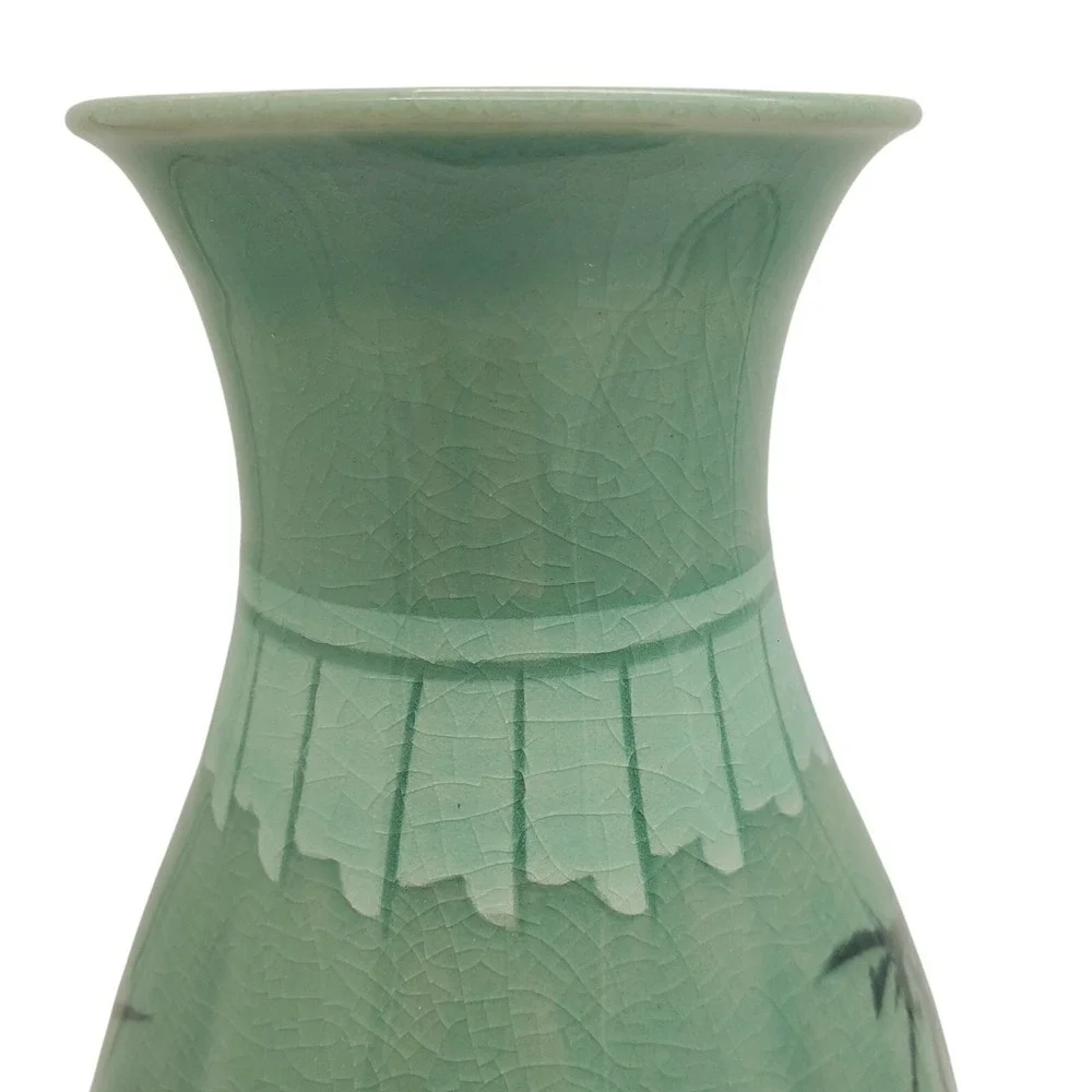 Korean Celadon Green Vase Cherry Blossom Flower Retro Bamboo Asian Pottery Vtg